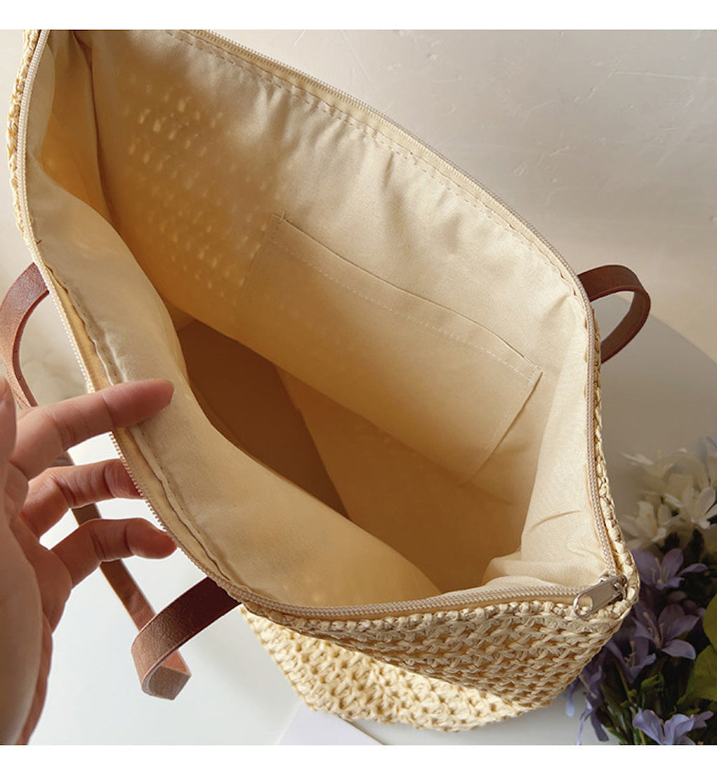 Rattan Woven Bag with Leather Straps – Beach, Everyday Use