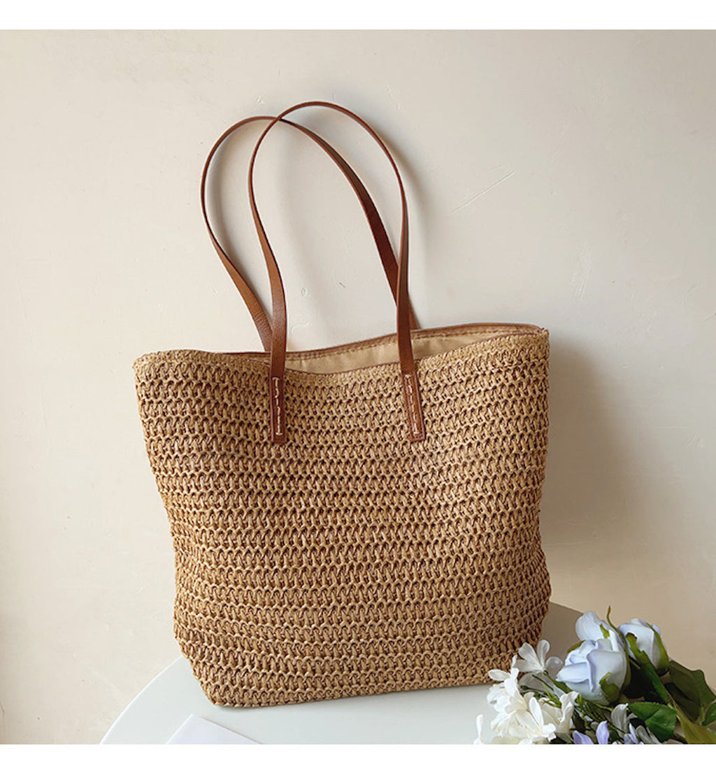 Rattan Woven Bag with Leather Straps – Beach, Everyday Use