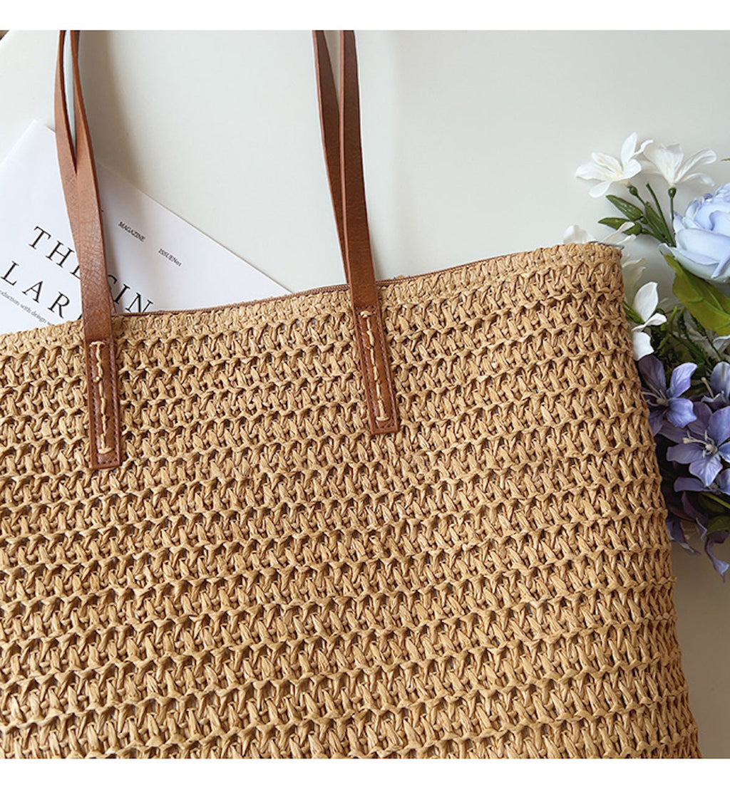 Rattan Woven Bag with Leather Straps – Beach, Everyday Use