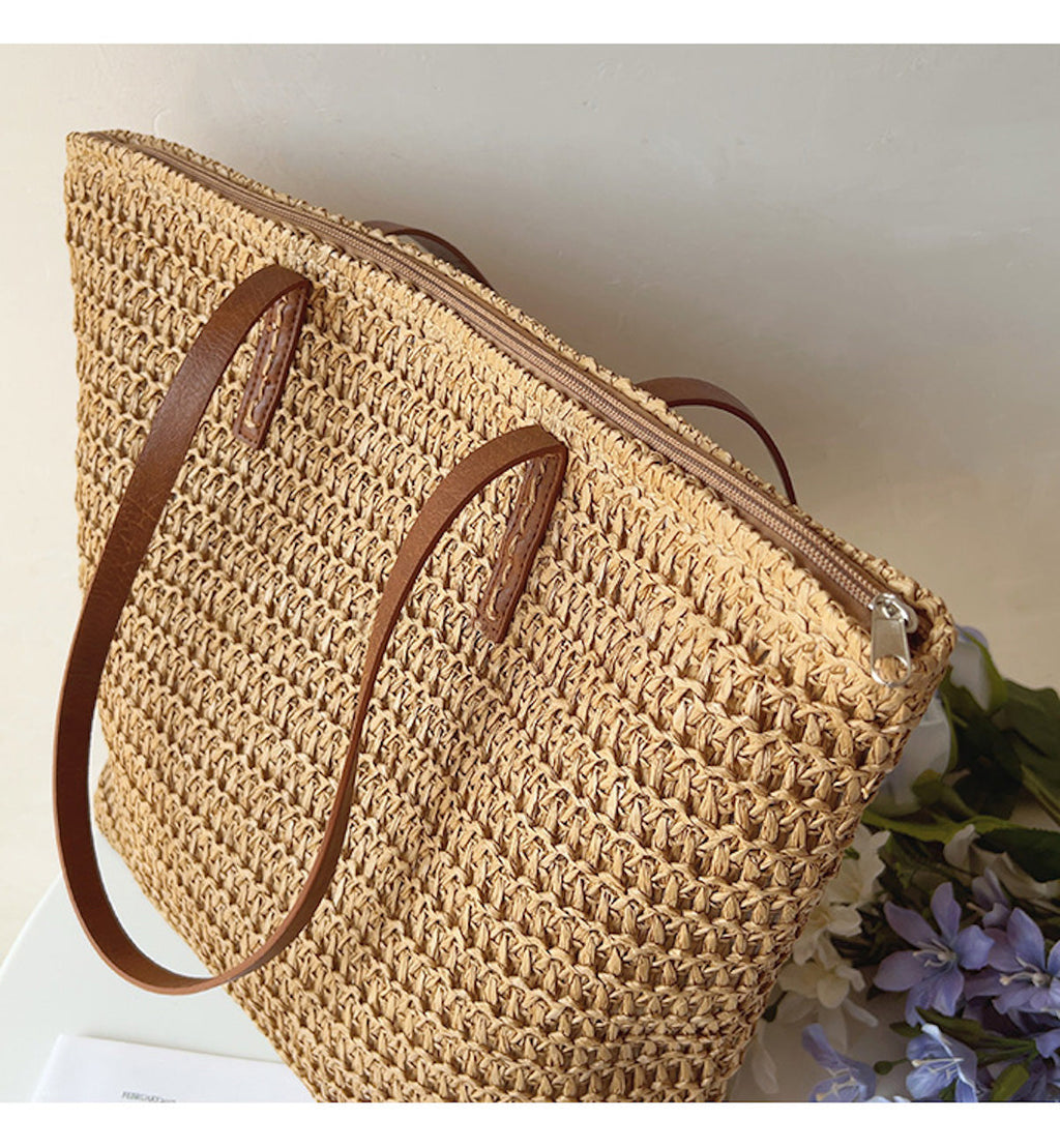 Rattan Woven Bag with Leather Straps – Beach, Everyday Use