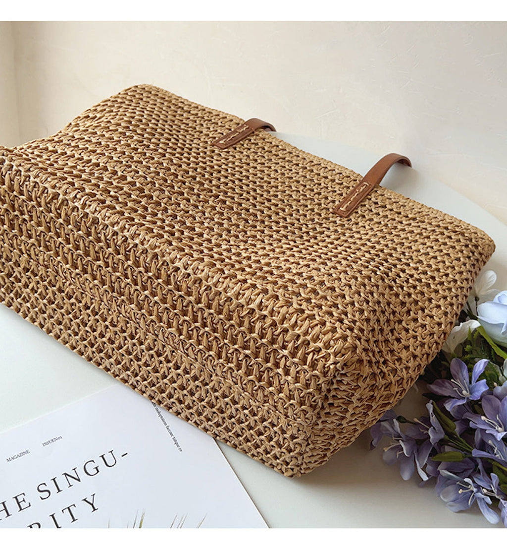Rattan Woven Bag with Leather Straps – Beach, Everyday Use