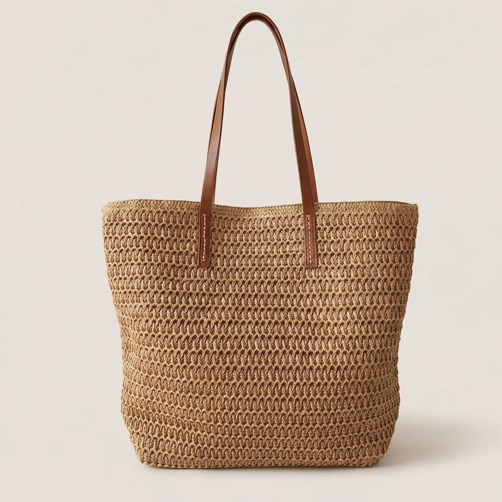 Rattan Woven Bag with Leather Straps – Beach, Everyday Use